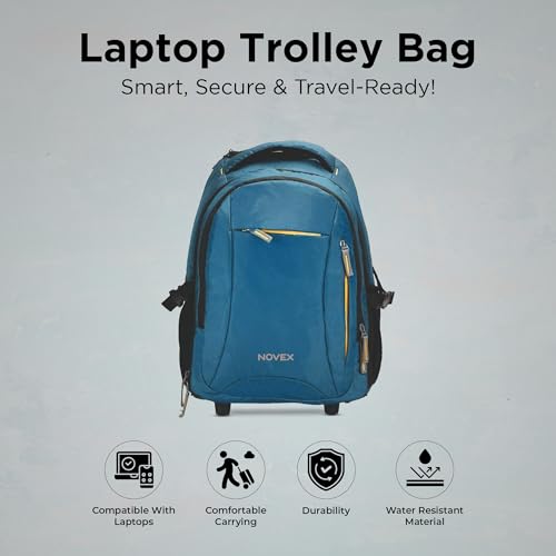 Image of NOVEX Pacific 35 Litre Water Resistant Laptop Trolley Bags for Travel with 3 Compartments 15.6 inch Roller Case for Office Travel Bag for Men & Women | 2 Wheels Trolley Backpack Laptop