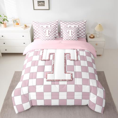 Image of Erosebridal Pink Initial T Queen Comforter Set with Sheets 7 Piece Kawaii Plaid Checkered Bed in A Bag Cute Personalized Monogram Bedding Sets for Kids Girls Teen Women,Fashion Grids Gingham Bed Set