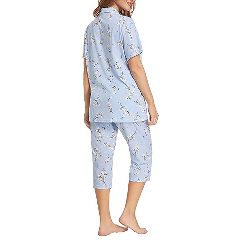 Image of Tugege Capri Pajamas Set Womens Button Down Short Sleeve Lounge Sets Sleepwear Notch Collar Top & Capri 2 Piece PJ Sets