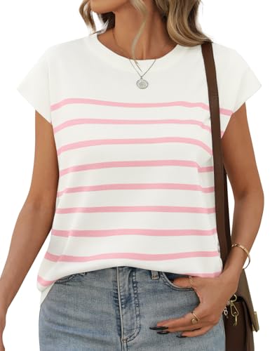 UMIPUBO Women's T-Shirt Cap Sleeves Striped Ladies Tops Summer Round Neck Casual Basic Tees Shirts (Pink, L)
