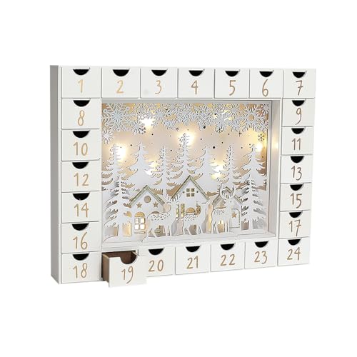 PIONEER-EFFORT Christmas Wooden Advent Calendar with 24 Drawers to Fill Small Gifts Christmas Scene with LED Lights Countdown to Xmas Tabletop Decoration
