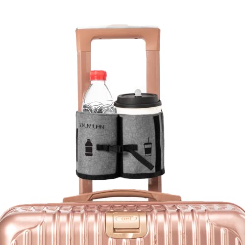 Luggage Travel Cup Holder, Portable Drink Caddy Bag Hold Two Coffee Mugs Free Your Hand for Drink Fits Roll on All Suitcase Handles Traveler Accessory Grey Purple for Men Women