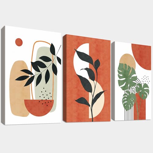 HALFLEMART 3 Pcs Marco de Madera Cuadro Moderno Nórdico Minimalista Lienzo Decorativos Naranja Abstracto Hojas Y Sol Pintura Imagen Cuadros Decoracion Salon Dormitorios Pasillo Baño 30cmx40cmx3
