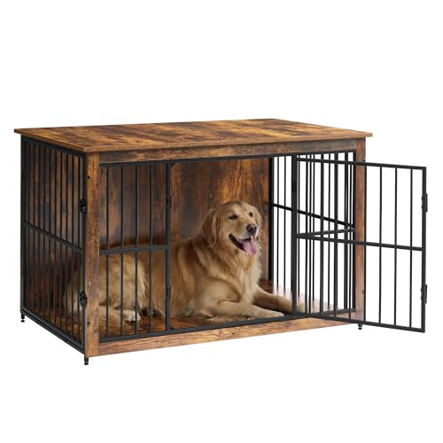 Image of Feandrea Wooden Dog Crate Furniture, 48 Inches Heavy-Duty Kennel for Dogs up to 110 lb, with Double Doors and Enclosed Wood Base, Modern Pet Cage End Table Indoor, Rustic Brown