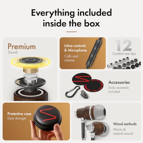 Symphonized Premium Wooden 3.5mm Jack Wired Earbuds with Microphone & Volume Control, Plug in Ear Headphones Wired Earphones with Mic, Corded Ear Buds Wire for Computer, Laptop & Phone with Aux Cord