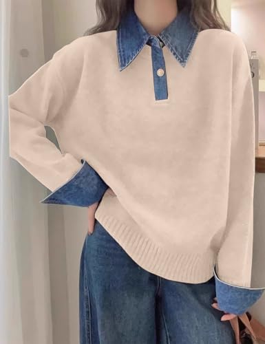 Image of Womens Denim Lapel Sweater Oversized Long Sleeve Button Down Polo Knit Pullover Sweaters 2025 Fall Outfits