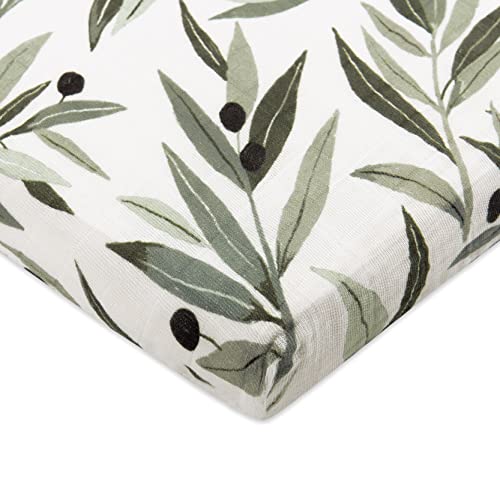 Image of Babyletto 100% Organic Cotton All-Stages Midi Crib Sheet, GOTS-Certified, Fitted 360°, Ultra-Soft and Breathable Muslin - Olive Branches