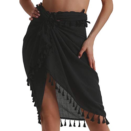 Image of Eicolorte Beach Sarong Pareo Womens Semi-Sheer Swimwear Cover Ups Short Skirt with Tassels