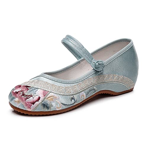 Womens Handmade Floral Embroidered Canvas Shoes - Casual Round Toe Mary Jane Ballet Yoga Flats Slip On Shoes