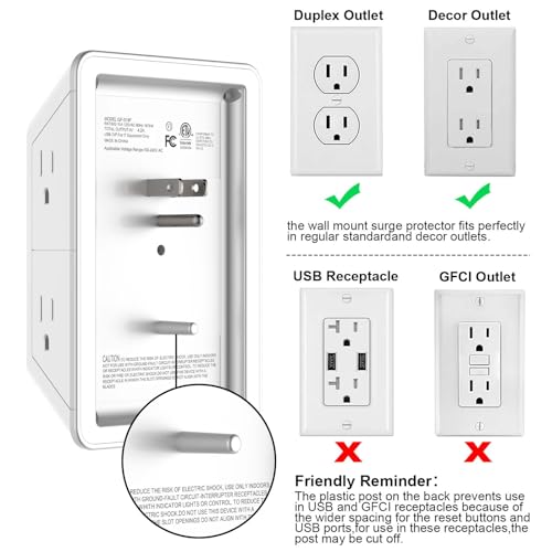 Outlet Extender, Surge Protector Outlet with 5-Multi Plug Outlet and 4 USB Ports(2 USB C), 3-Sided 1680J Power Strip Wall Charger, Multiple-Plug Outlet Splitter for Home Travel Office,ETL Listed,White