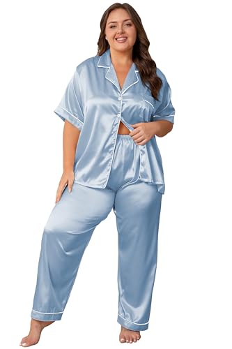 Image of Vozanet Women's Button Down Satin Pajama Sets Silky Short Sleeve Top & Pants Plus Size Loungewear Classic Sleepwear XL to 5XL