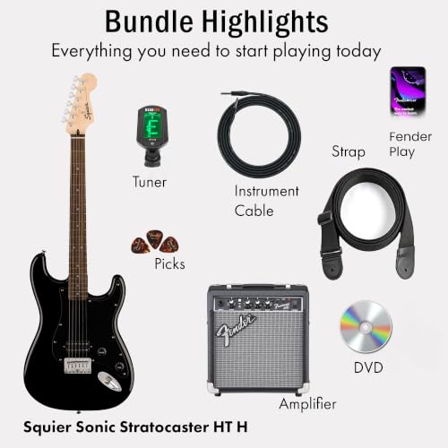 Image of Fender Squier Sonic Stratocaster HT H - Black Bundle with Frontman 10G Amp, Tuner, Strap, Cable, Picks, and Austin Bazaar Guitar DVD