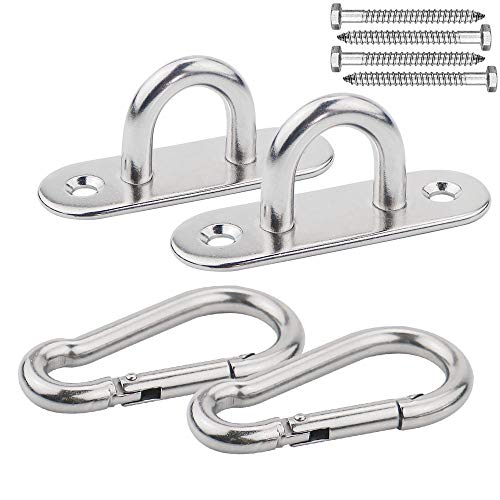 Abimars Premium Hammock Hooks Heavy Duty Yoga Hanging Kit - All Stainless Steel Pad Eyes Ceiling Hanger, Snap Hook Carabiners and Screws Accessories - Capacity up to 600 LBS