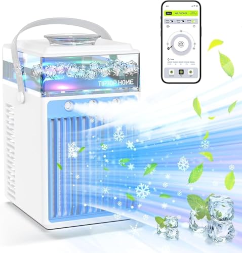 Aire acondicionado portátil, mini enfriador de aire para habitaciones, 4 en 1, aire acondicionado ventilador y humidificador, USB Air Cooler con 7 luces LED, 2 modos y 3 velocidades para el hogar,