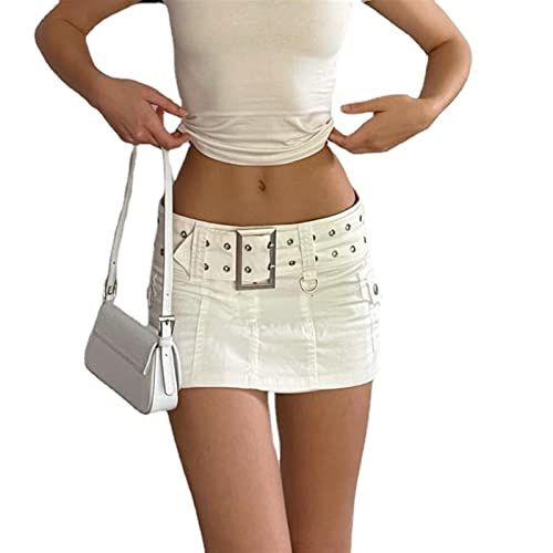 Sawmew Falda Retro para Mujer, Falda Corta Vaquera de Tiro Bajo, Ropa de Calle para Chica Electrónica, Minifalda Envolvente Sexy de Corte en A Y2K Street Harajuku (Color : White, Size : S) Cover