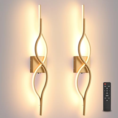 Image of Battery Operated Wall Sconces Set of 2, Gold 31.4'' LED Dimmable Wall Sconce with Remote Control, Adjustable Color Temperature Brightness for Living Room Bedroom and Hallway USB Rechargeable Lighting