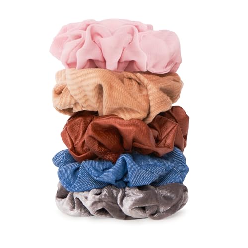 Gimme Beauty - Hair Scrunchies Variety Pack - Denim, Corduroy, Faux Leather, Blush, and Velvet Scrunchies - Gentle All Day Hold Hair Styling Accessories - No-Slipping, Snagging or Creasing (5 Count)