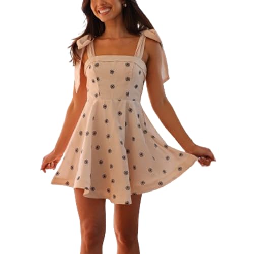 Image of Women Tie Shoulder Mini Dress Floral Ruffle Babydoll Dress Boho Square Neck Sundress Cute Summer Dresses