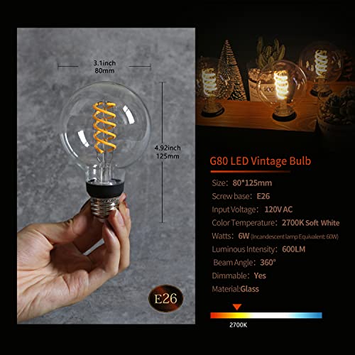 G25 Led Globe Light Bulbs，Antique Flexible Spiral Led Filament Light Bulb，Vintage Led Edison Bulb,4 Pack, Soft White 2700K,6W Equivalent To 60W， 600Lm， Dimmable With 80+ Cri，E26 Base,Clear Glass #TOP1