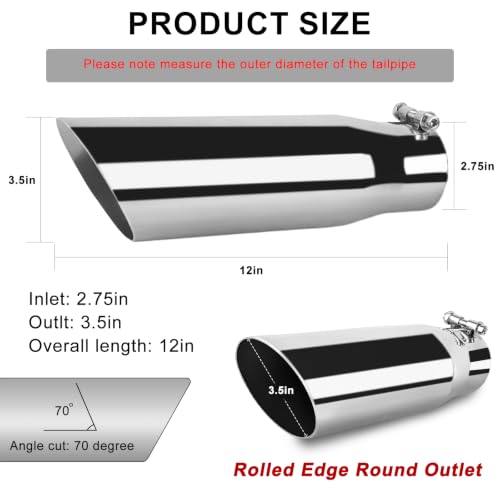 Image of 2.75 inch Stainless Steel Inlet Exhaust Tip, 3.5 inch Outlet 12 inch Length