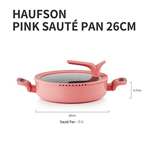 Haufson Pink Griddle Pan with Lid,Skillet Pan with Lid, Induction Pan, Non Stick Pan(26cm) 3 Gallery Image