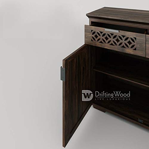 Image of DRIFTINGWOOD Solid Sheesham Wood Sideboard Tv Cabinet for Living Room | Free Standing Movable Tv Unit Side Board Table with 2 Drawer & 2 Door Cabinet Storage Furniture for Home | Walnut