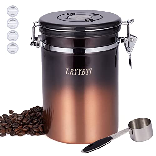 LRYYBTI Coffee Canisters, Airtight Stainless Steel Coffee Bean Storage Container with Scoop and Date Tracker & CO2 Release Valve, 22oz, Copper