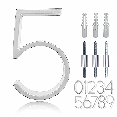 5" Zinc Alloy Floating House Number, Metal Modern House Numbers, Garden Door Mailbox Number Sign With Nail Kit, Coated Glossy Silver, Durable Visibility Signage,5 #TOP13