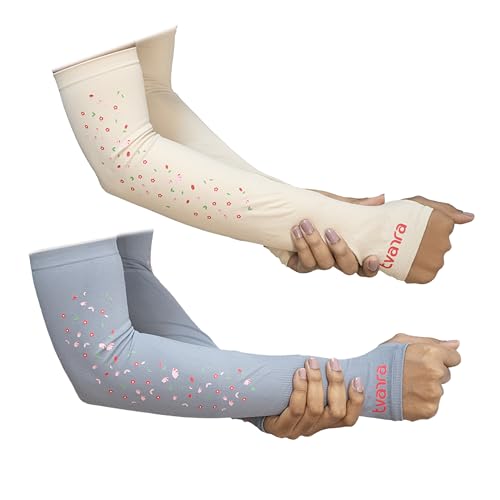 Image of TVARRA Anti-Tan Fingerless Arm Sleeves for Women|UV Protection Hand Cover Sleeves for Bike Riding, Running & Outdoor Use,Dust & Summer Protection Arm Sleeves for Girls (Petals Design)