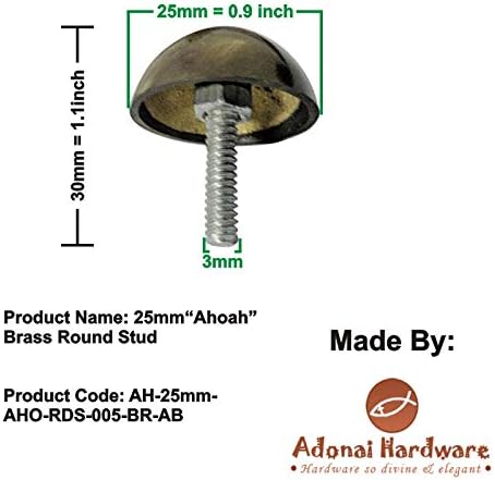 Adonai Hardware 25mm "Ahoah" Brass Round Stud- Antique Brass (Supplied as 25 Pieces per Pack)