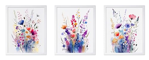 Poster Master 3-Piece Watercolor Flowers Poster - Colorful Wildflowers Print - Flower Art - Chic Gift for Her, Women, Florist - Floral Decor for Bedroom, Flower Shop, Bedroom, 11x14 White Framed