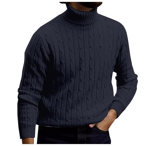 Men's Turtleneck Sweater Classic Pullover Sweaters with Twist Patterned Cable Knitted Casual Thermal Sweaters Black2