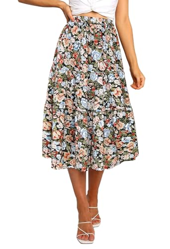MEROKEETY Women's Boho Leopard Print Skirt Pleated A-Line Swing Midi Skirts