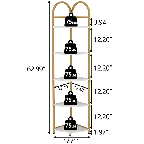 Loomie Corner Shelf Stand, 5-Tier Modern Corner Bookshelf, Gold Tall Corner Book Shelf, Freestanding Corner Plant Shelf, Metal Frame Corner Shelving, For Livingroom, Bedroom, Kitchen, Bathroom, White #TOP2