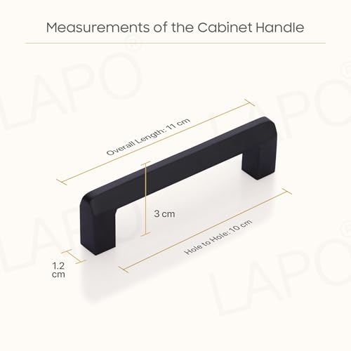 Image of LAPO 4 Inch Cabinet Handles for Kitchen, Stainless Steel Structure for Drawer and Cupboard, Smooth Hand Feel, Scratch Safe Finish, Hole to Hole Size 10 cm, Easy Mount Setup (96mm, Black, Pack of 2)