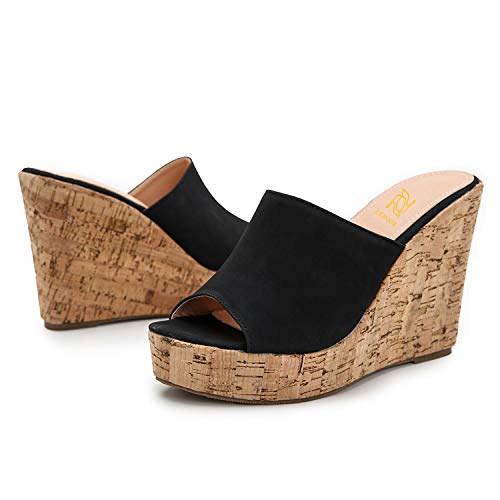 Image of LEHOOR Cork Wedge Mules for Women Platform Slide Sandals Peep Toe, High Wedge 4.5Inch Slippers Microfiber Suede 6-11 M US