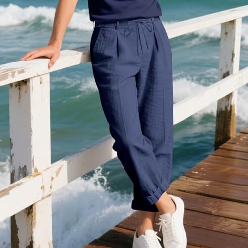 Mens Casual Elastic Waist Pants Drawstring Summer Beach Pant Lightweight Linen Trouser HXH092