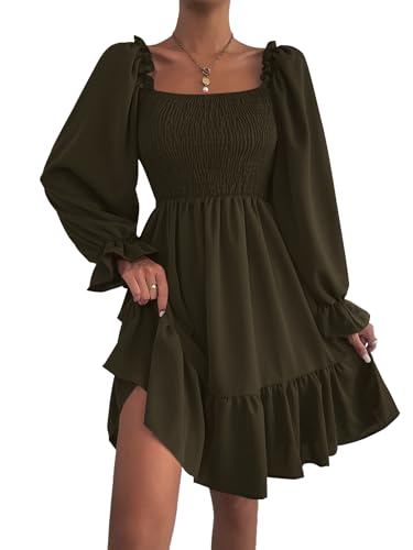 Image of LYANER Women's Square Neck Lantern Long Sleeve Shirred Ruffle A Line Flowy Party Mini Dress