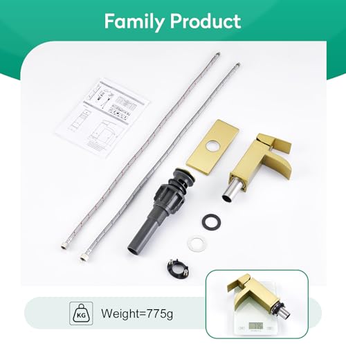 CREA Brushed Gold Waterfall Bathroom Faucet 1 Hole Single Handle Bathroom Sink Faucet with Pop Up Drain Stainless Steel Vanity Faucet Basin Mixer Tap Hot Cold Water Supply Line 3 Hole Deck Plate by CREA - Used condition - Image 9