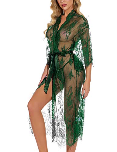 Rslove Women's Lace Kimono Robe Babydoll Lingerie Mesh Nightgown Sexy Cover Up Dress Dark Green S #TOP2