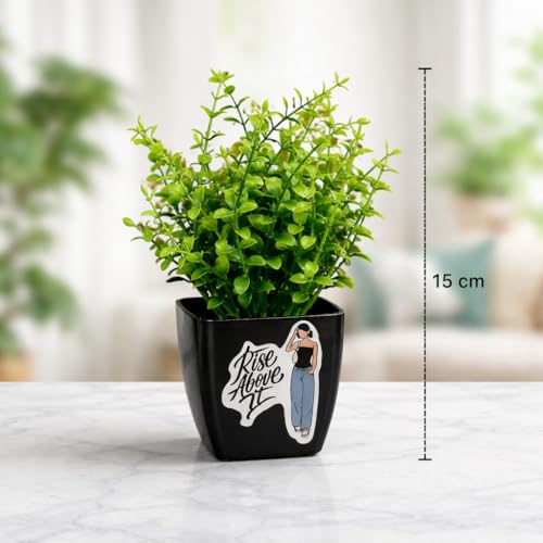 Image of Artificial Plant with Pot (Pack of 4) | Motivational Pots Small Faux Plants for Home, Office Desk, Bedroom, Living Room, Study Table & Shelf Decor