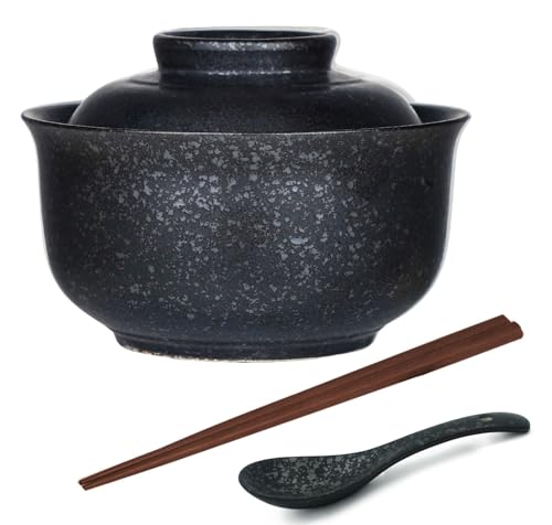 Aegistus Ramen Bowl, Ceramic Ramen Bowl Set with Lid, 750 ml Soup Bowls, Pho, Japanese Vintage Ramen Bowl for Cereals, Soup, Asian Tableware, Microwave and Dishwasher Safe (Black)