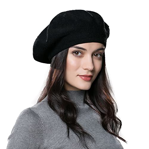 URSFUR Women French Beret Hat Knit Wool Cashmere Classic Winter Cap (One Size, Black)