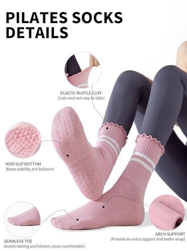 Yawlsow Pilates Socks for Women Cute Ruffle Yoga Socks Frilly Barre Non Skid Athletic Crew Grip Sticky Socks Workout Hospital3