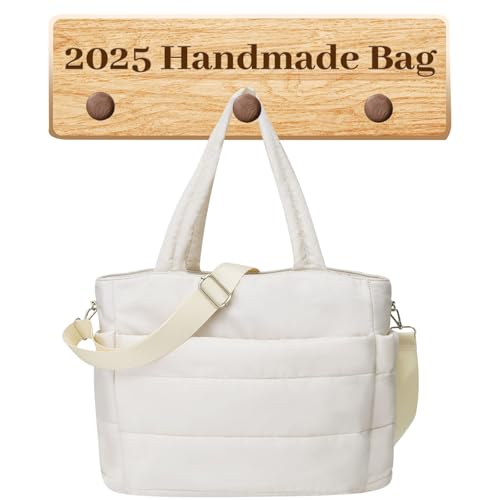Bolsa feminina acolchoada para trabalho, bolsa de viagem leve com compartimento para laptop, Branco, Large