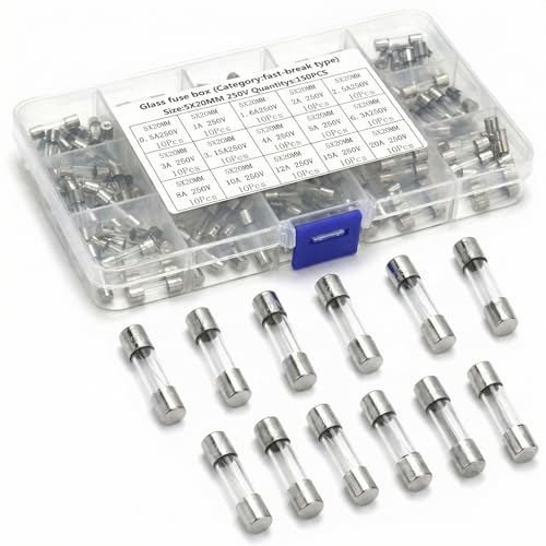 Image of QWORK® Glass Fuse Assortment Kit,15 Value 150 Pcs 0.5A 1A 1.6A 2A 2.5A 3A 3.15A 4A 5A 6.3A 8A 10A 12A 15A 20A, 250V, 5x20mm, for Protecting Electrical Equipment