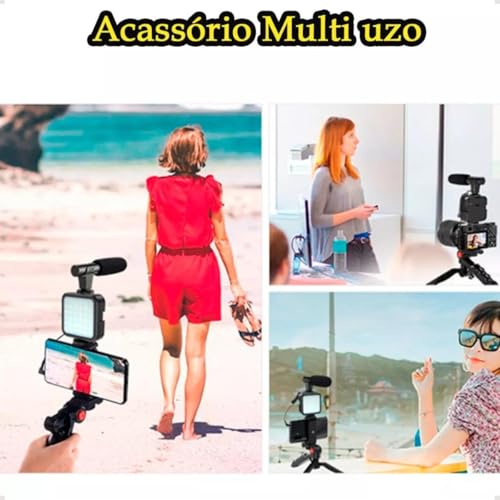 Tripé Celular Estabilizador Luz Led Com Microfone Gravacao