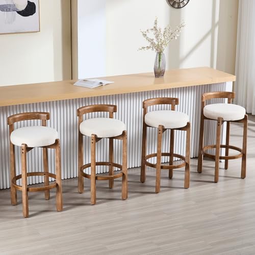 Image of CIMOTA 30 inch Bar Height Stools Set of 4 | Mid Century Modern Low Back Bar Chairs with Solid Wood Legs & Linen Upholstered Seat, High Bar Stools for Kitchen & Pub, Beige