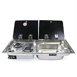 Edelstahl Gasherd Brenner und Edelstahl Sinken mit Tempered Glass Lid Dometic Kocher-Spülenkombination für Wohnwagen Wohnmobil Boot 30.5 * 14.4 * 5.9/4.7