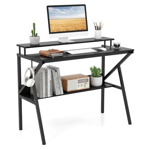Giantex Small Desk with Storage, Compact Computer Desk for Small Spaces with Monitor Stand, Metal Frame & Earphone Hook, Laptop PC Table, Modern Writing Desk for Home Office, Bedroom (Black)